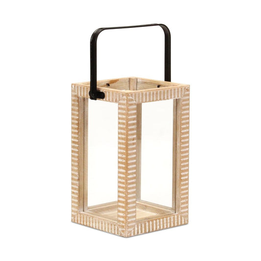 13" Natural Distressed Geometric Solid Wood Tabletop Lantern Candle Holder