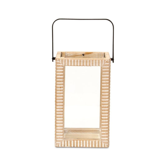 13" Natural Distressed Geometric Solid Wood Tabletop Lantern Candle Holder