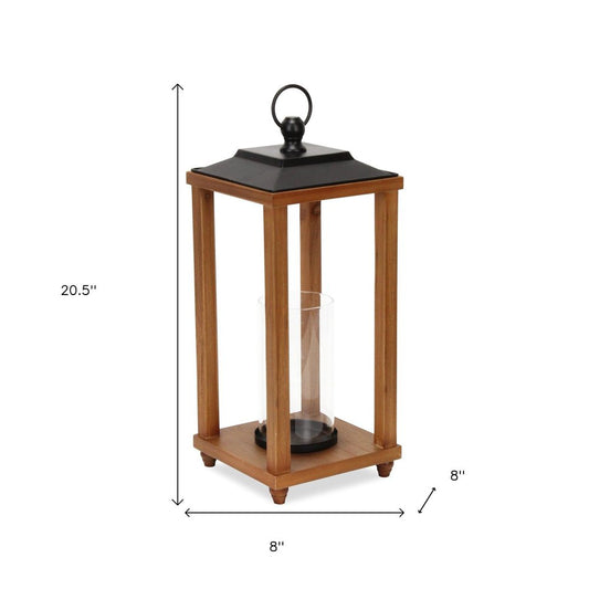 21" Brown And Black Geometric Metal And Solid Wood Tabletop Lantern Candle Holder