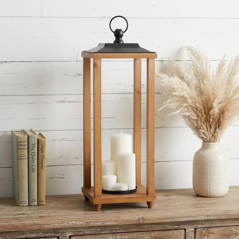 24" Brown And Black Geometric Metal And Solid Wood Floor Lantern Candle Holder