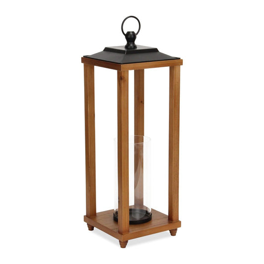 24" Brown And Black Geometric Metal And Solid Wood Floor Lantern Candle Holder
