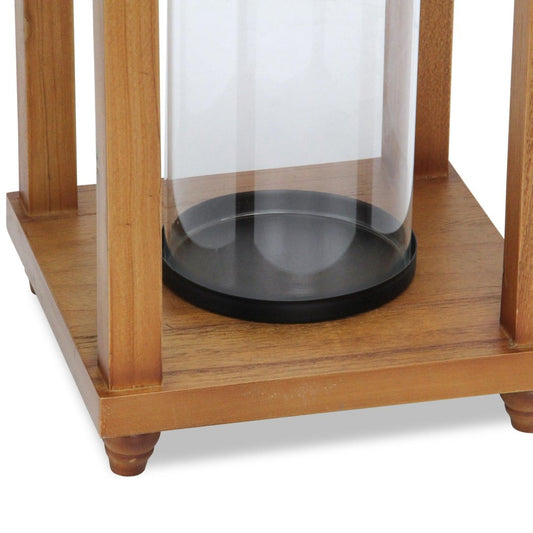 24" Black And Brown Distressed Geometric Metal And Solid Wood Floor Lantern Candle Holder