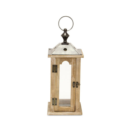 16" Natural And Gray Geometric Metal And Solid Wood Tabletop Lantern Candle Holder
