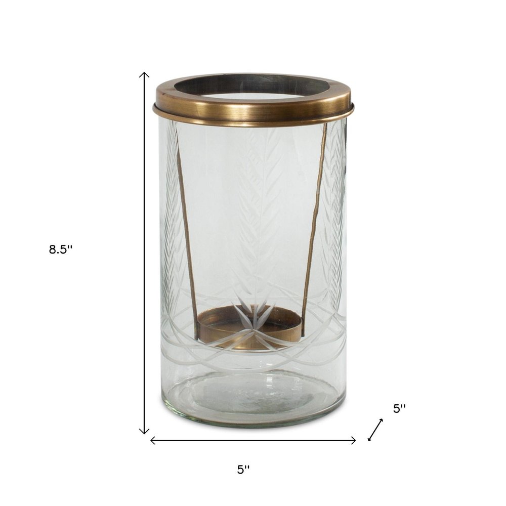 9" Clear And Gold Botanical Leaf Glass And Metal Tabletop Hurricane Candle Holder