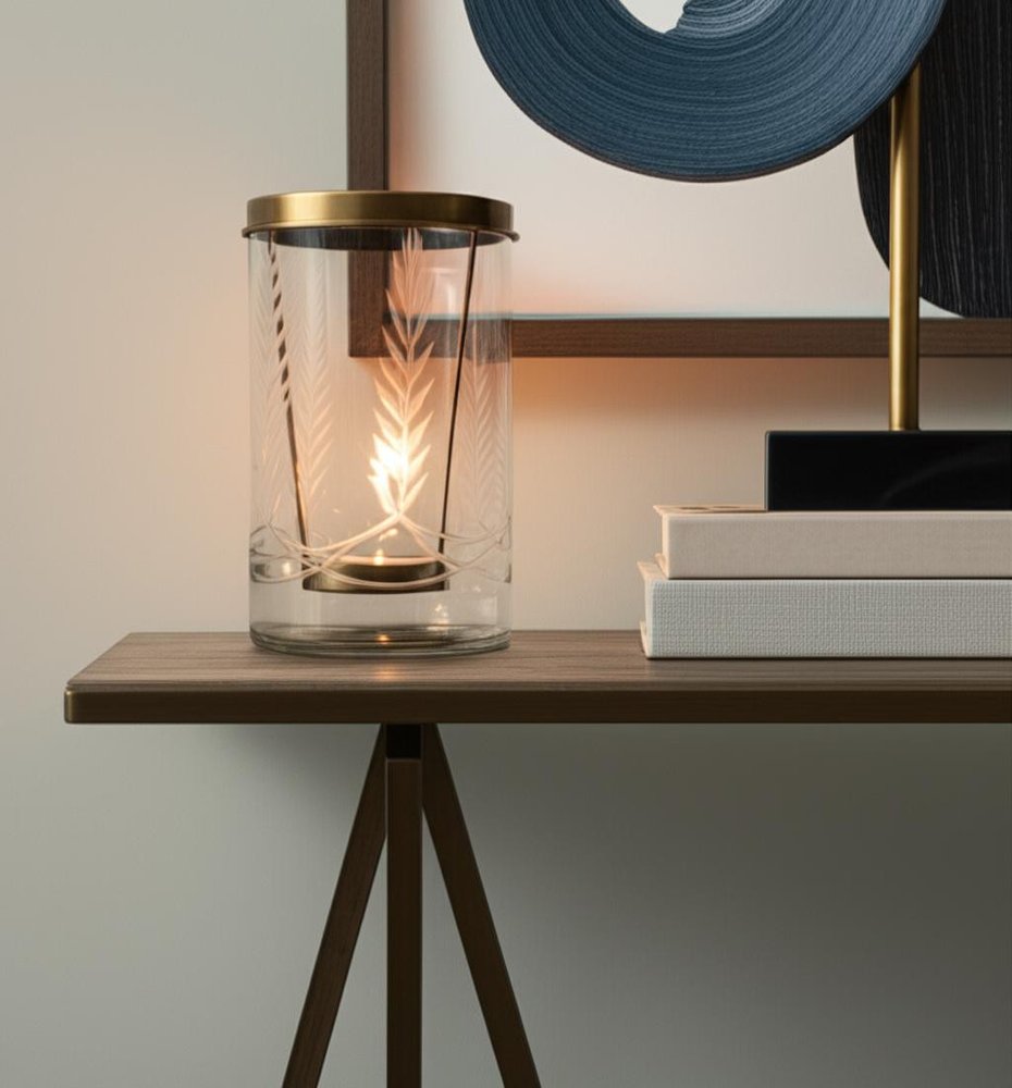 9" Clear And Gold Botanical Leaf Glass And Metal Tabletop Hurricane Candle Holder