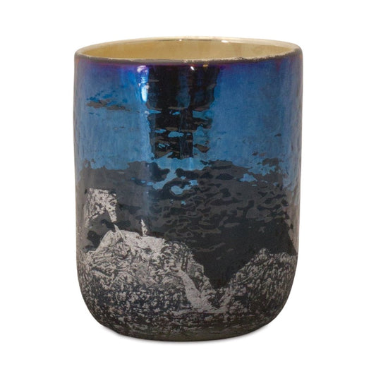 5" Navy Blue And Silver Abstract Glass Tabletop Pillar Candle Holder