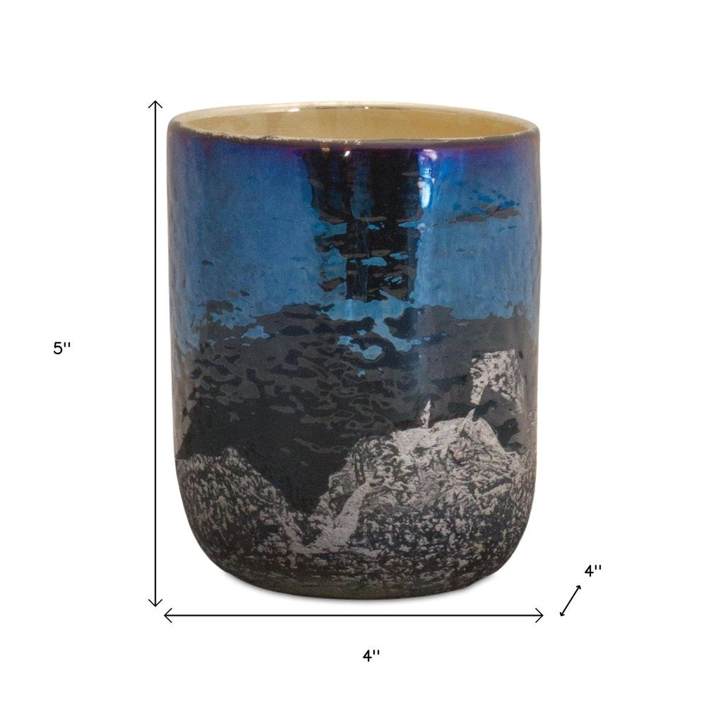 5" Navy Blue And Silver Abstract Glass Tabletop Pillar Candle Holder