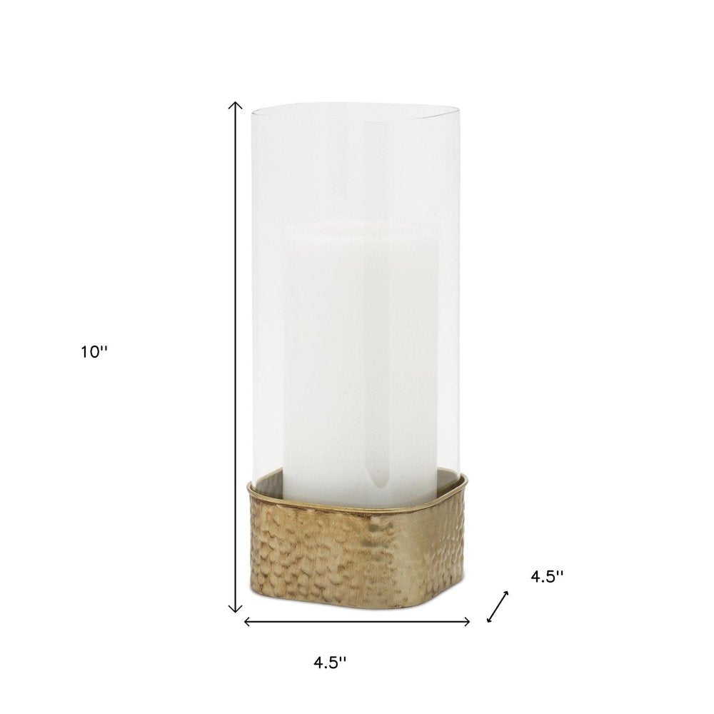 Set of Two Clear And Gold Hammered Glass And Metal Tabletop Hurricane Candle Holders