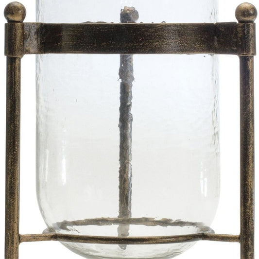 14" Bronze And Clear Glass And Metal Tabletop Hurricane Candle Holder