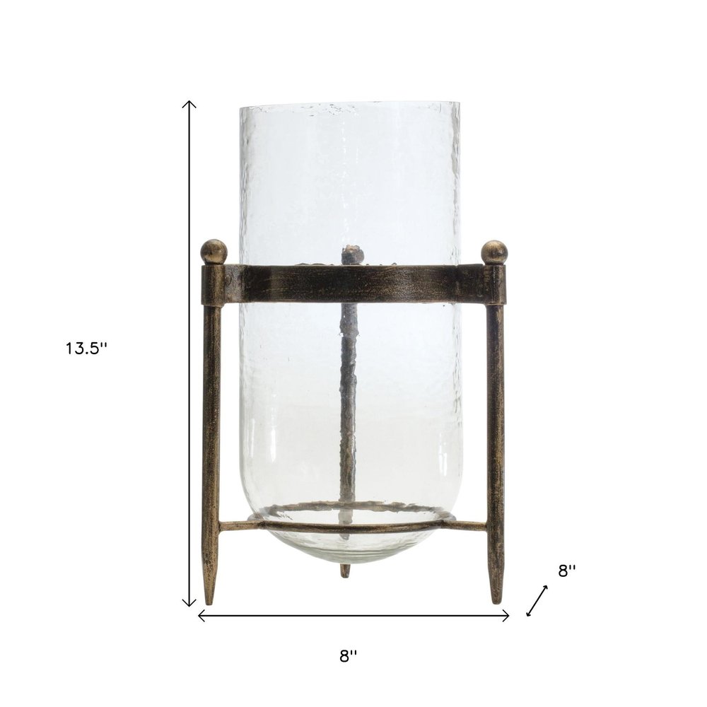 14" Bronze And Clear Glass And Metal Tabletop Hurricane Candle Holder