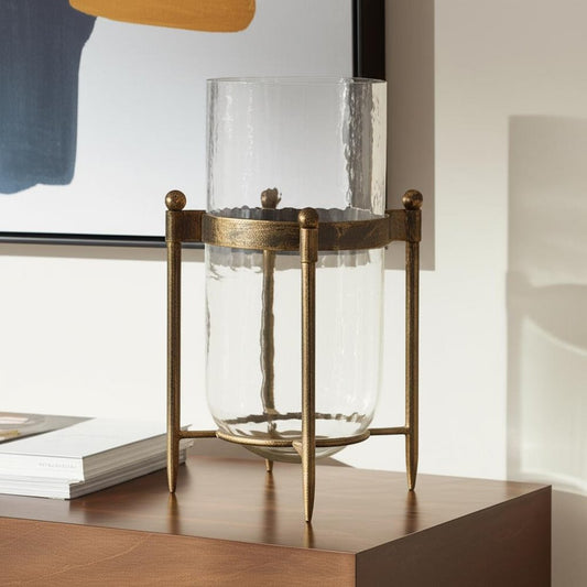 14" Bronze And Clear Glass And Metal Tabletop Hurricane Candle Holder