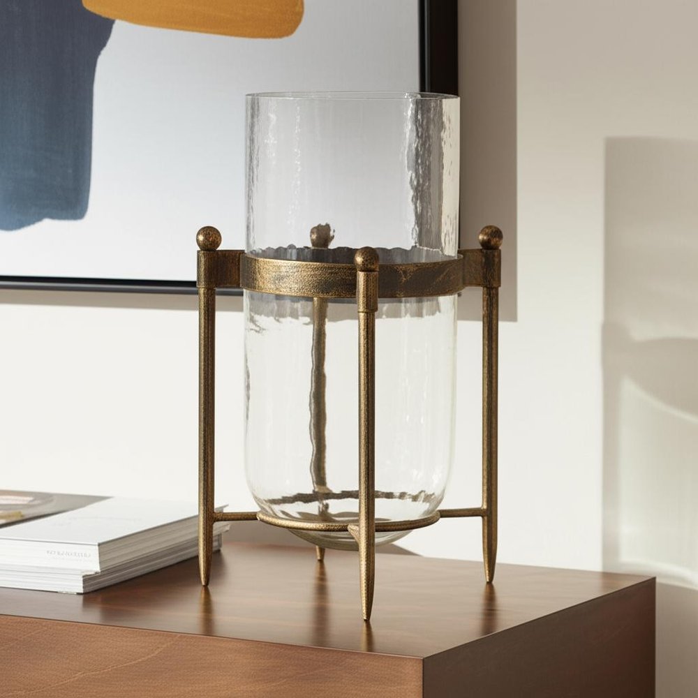 14" Bronze And Clear Glass And Metal Tabletop Hurricane Candle Holder