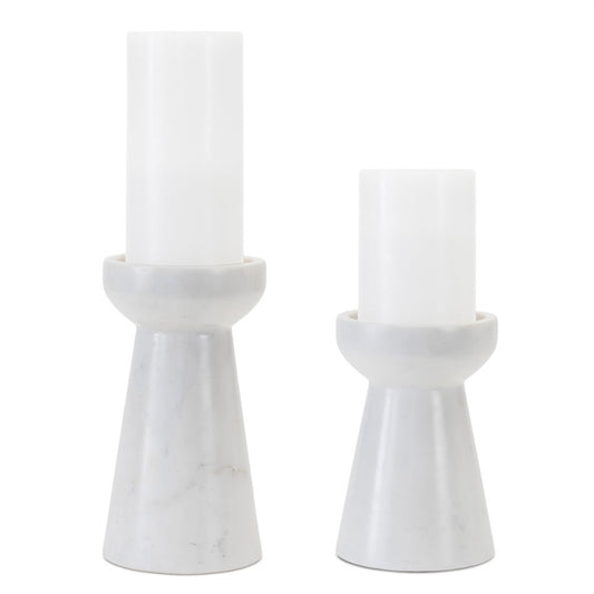 Set of Two White And Gray Marble Tabletop Pillar Candle Holders