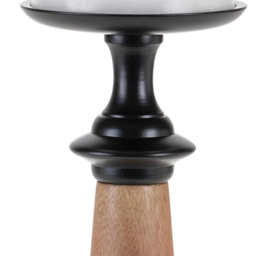 Set of Two Black And Brown Metal And Solid Wood Tabletop Pillar Candle Holders