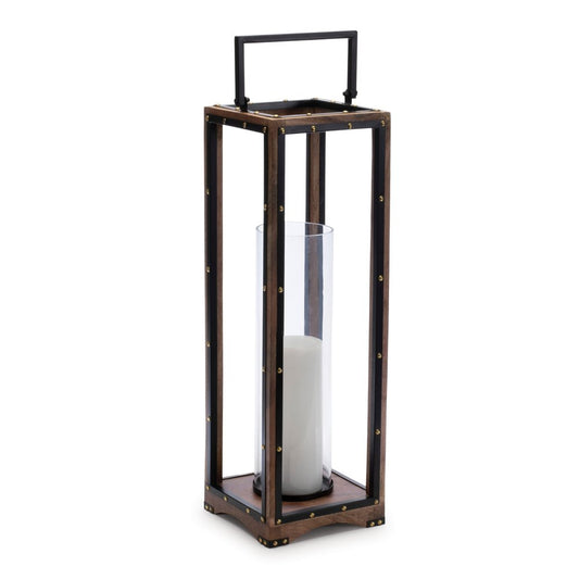 25" Black And Brown Metal And Solid Wood Tabletop Lantern Candle Holder
