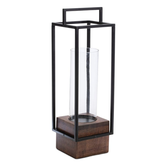 20" Black And Brown Metal And Solid Wood Tabletop Lantern Candle Holder