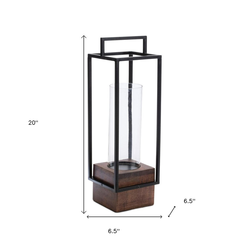 20" Black And Brown Metal And Solid Wood Tabletop Lantern Candle Holder
