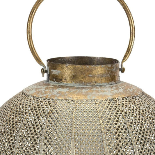 12" Bronze And Green Distressed Lattice Metal Tabletop Lantern Candle Holder