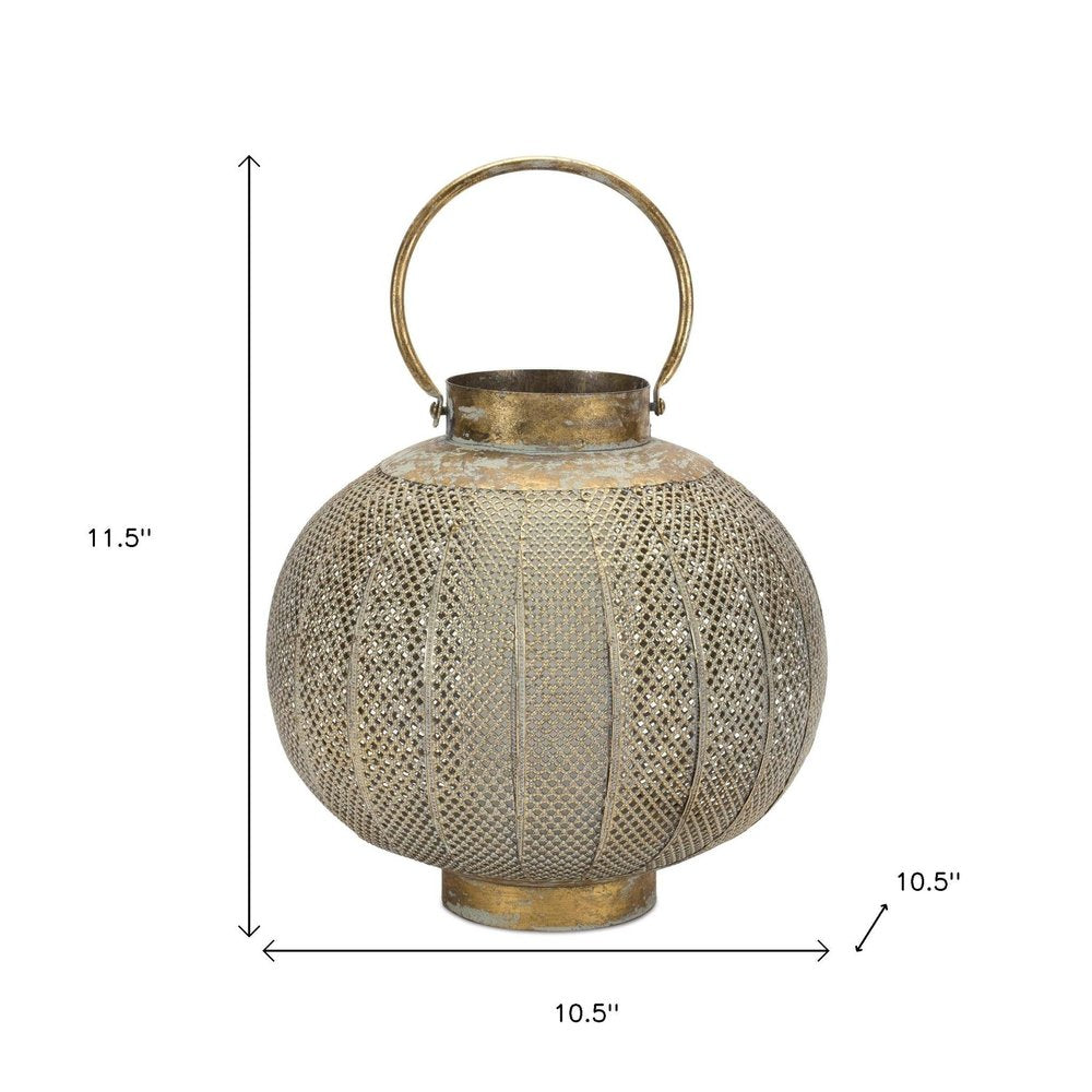 12" Bronze And Green Distressed Lattice Metal Tabletop Lantern Candle Holder