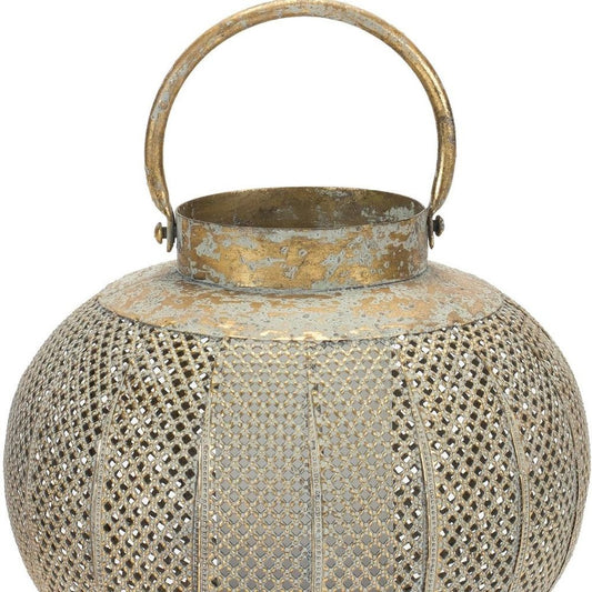 9" Bronze And Green Distressed Lattice Metal Tabletop Lantern Candle Holder