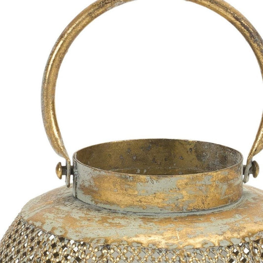 6" Bronze And Green Distressed Lattice Metal Tabletop Lantern Candle Holder