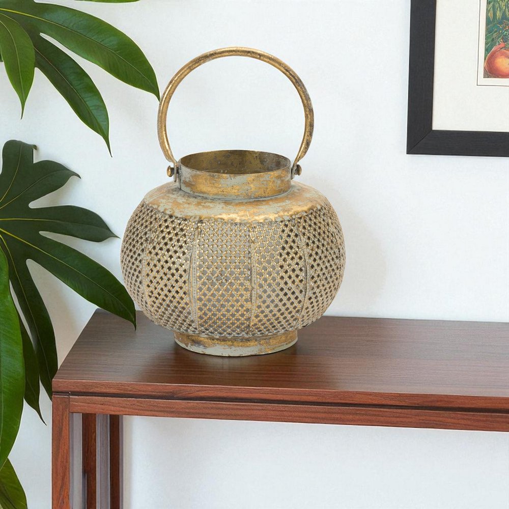 6" Bronze And Green Distressed Lattice Metal Tabletop Lantern Candle Holder