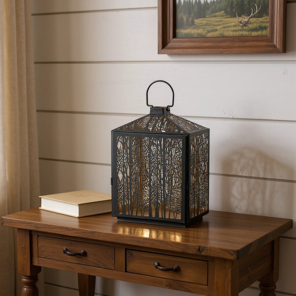 16" Black And Gold Pierced Floral Metal Lantern Candle Holder