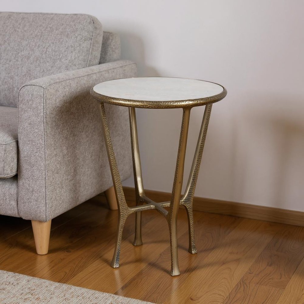 23" White and Gold Distressed Marble and Aluminum Round End Table