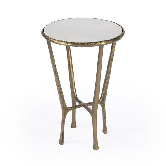 23" White and Gold Distressed Marble and Aluminum Round End Table