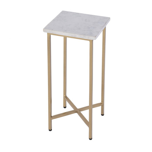 21" White and Gold Distressed Marble and Iron Square End Table