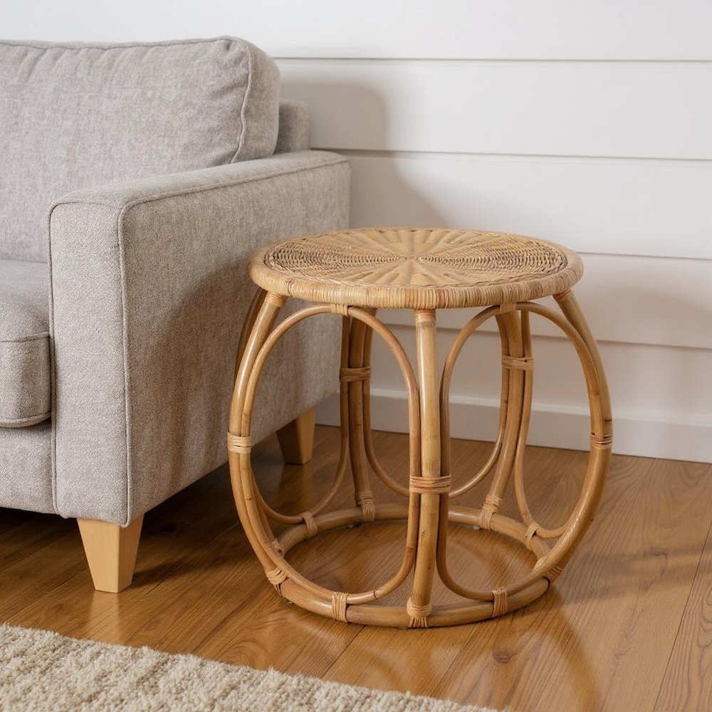 24" Natural Rattan Round Drum End Table
