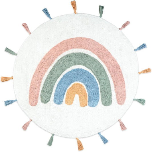 32" White Blue And Pink Cotton Rainbows Round Youthful Bath Rug