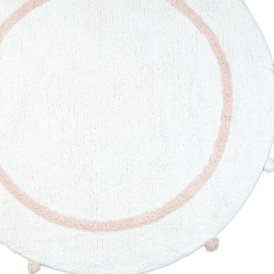 32" Light Pink And White Cotton Round Geometric Bath Rug