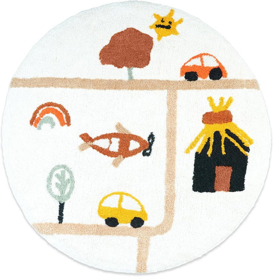 32" White Yellow And Red Cotton Cars Round Youthful Bath Rug