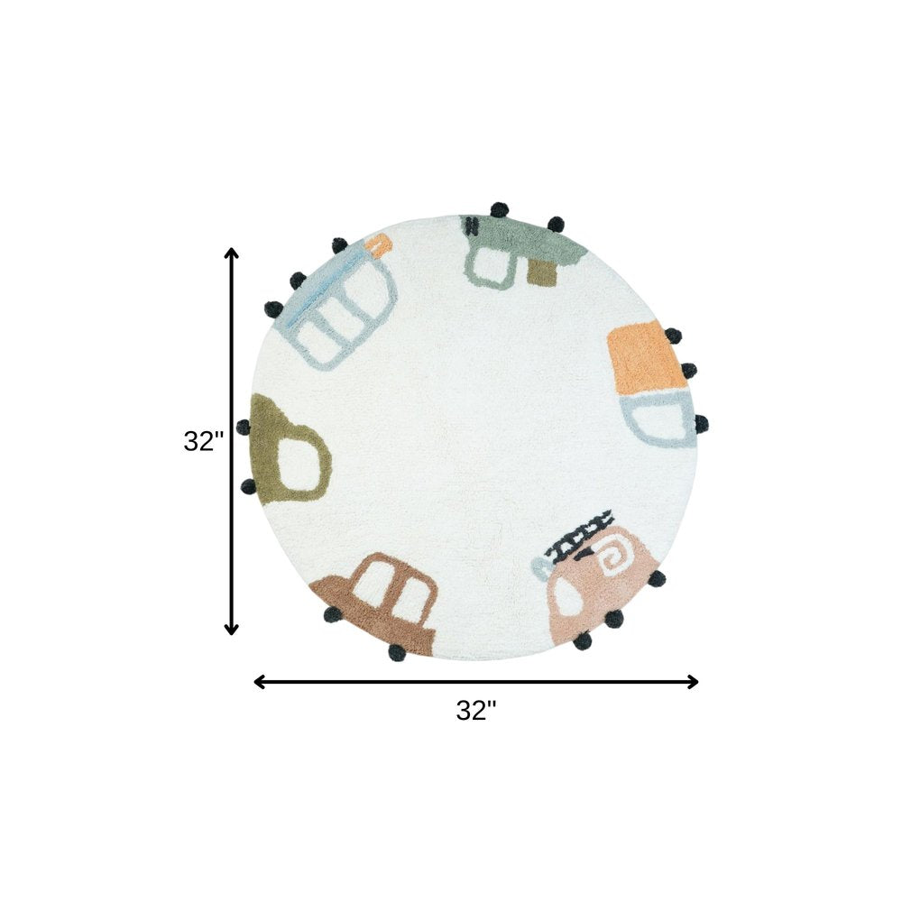 32" Blue Green And White Cotton Cars Round Youthful Bath Rug