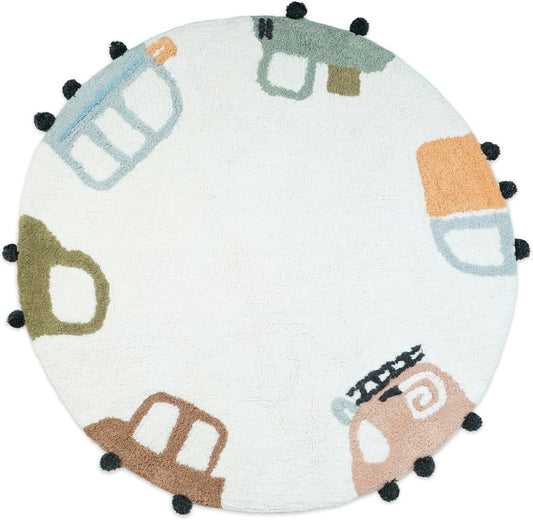 32" Blue Green And White Cotton Cars Round Youthful Bath Rug