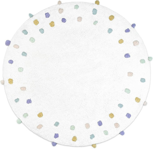 32" Green Purple And White Cotton Round Polka Dots Bath Rug