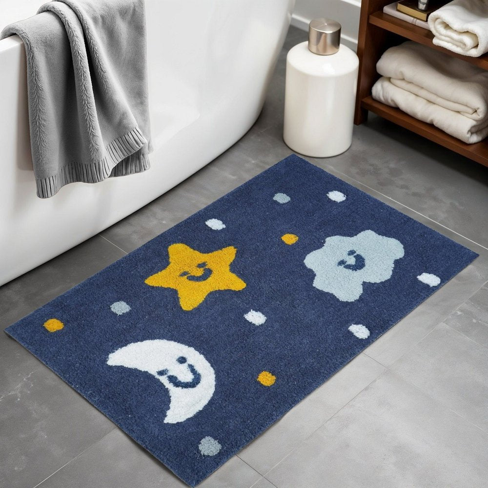 32" White Blue And Yellow Cotton Clouds and Stars Youthful Bath Rug