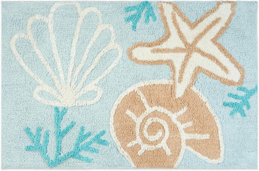 32" Blue Tan And White Cotton Seashells And Coral Bath Rug