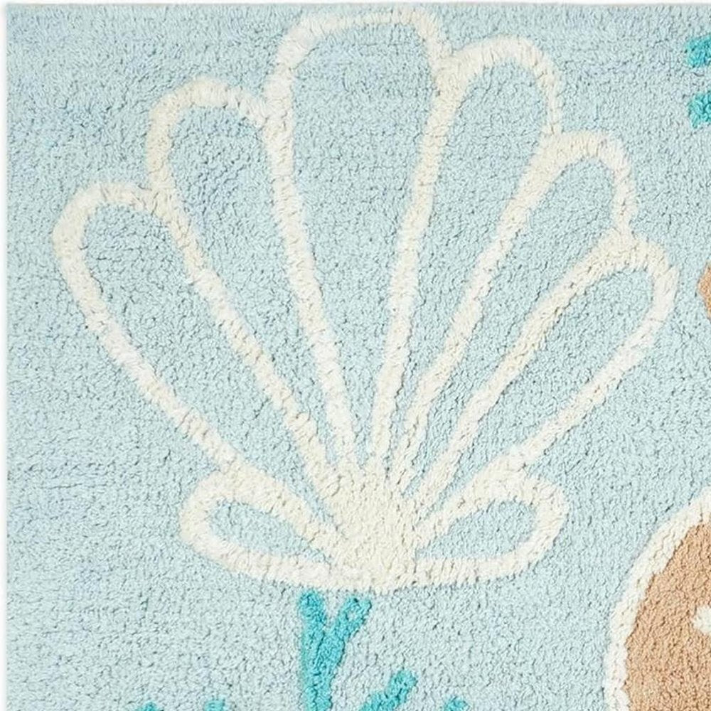 32" Blue Tan And White Cotton Seashells And Coral Bath Rug