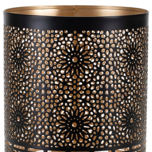 Set of Two Black And Gold Distressed Abstract Iron And Metal Tabletop Hurricane Candle Holders