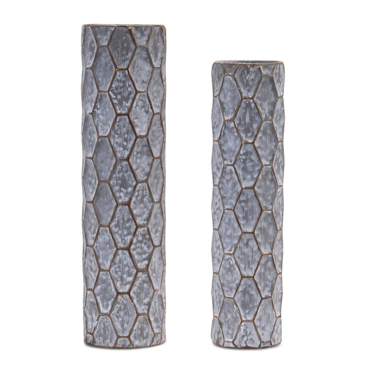 Set of Two Gray And White Distressed Geometric Metal Tabletop Pillar Candle Holders