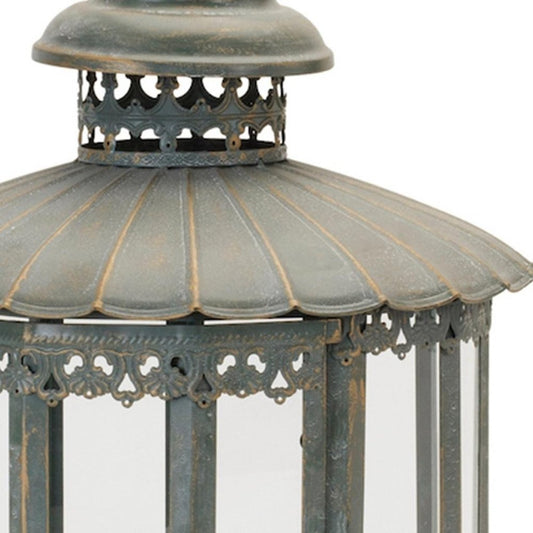 20" Gray Distressed Geometric Metal And Glass Centerpiece Lantern Candle Holder