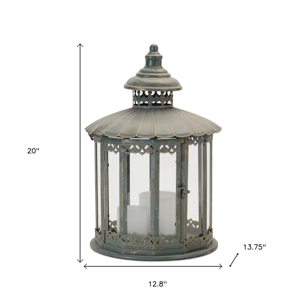 20" Gray Distressed Geometric Metal And Glass Centerpiece Lantern Candle Holder