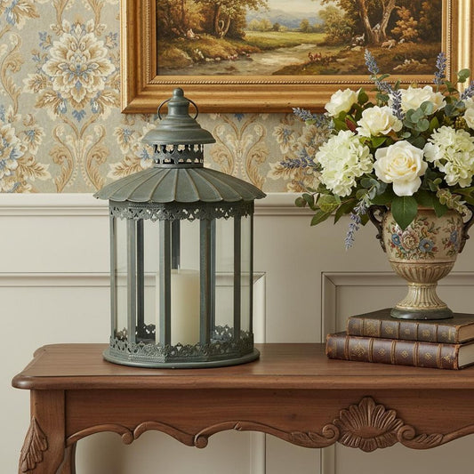 20" Gray Distressed Geometric Metal And Glass Centerpiece Lantern Candle Holder