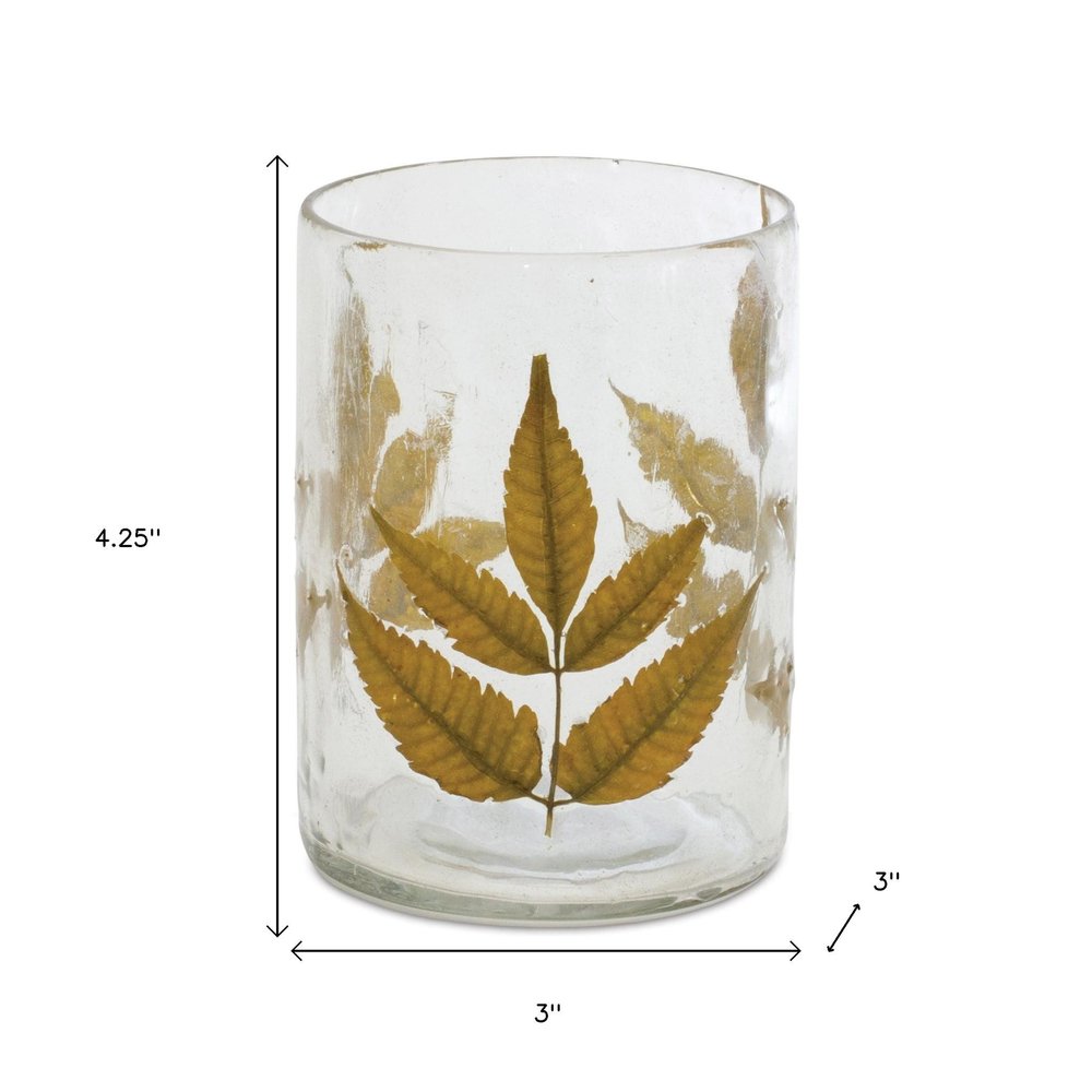 Set of Three Brown Distressed Botanical Leaf Glass Tabletop Hurricane Candle Holders