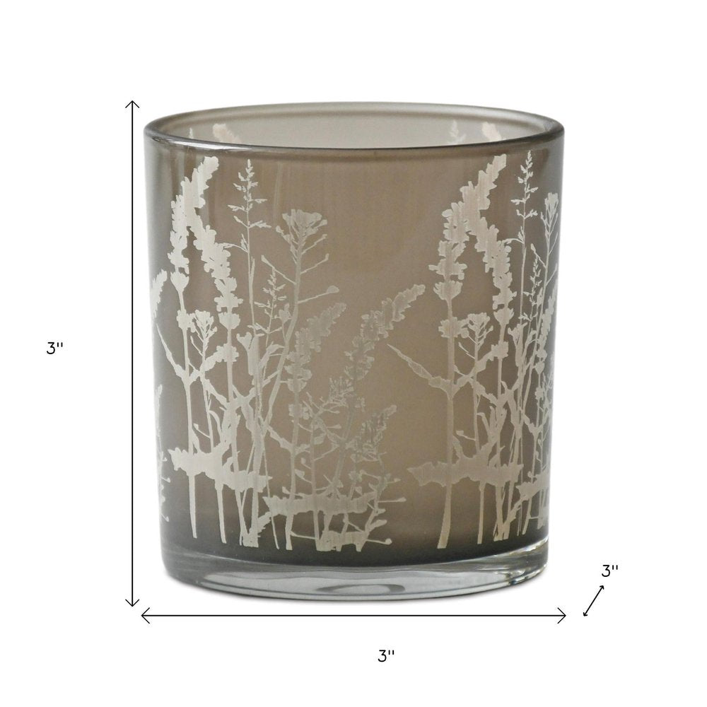 Set of Three Gray Distressed Floral Glass Tabletop Votive Candle Holders