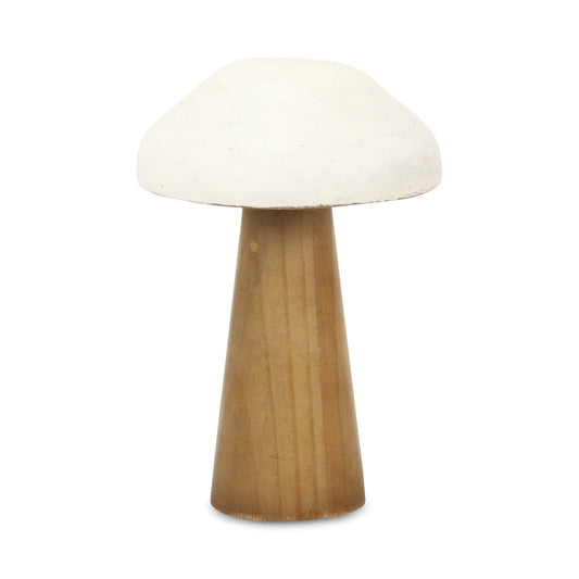 9" Brown And White Wood Hand Painted Mushroom Tabletop Sculpture