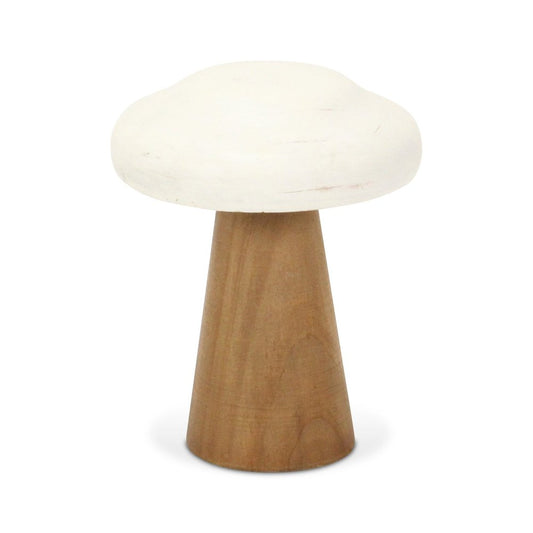 7" Brown And White Wood Hand Painted Mushroom Tabletop Sculpture
