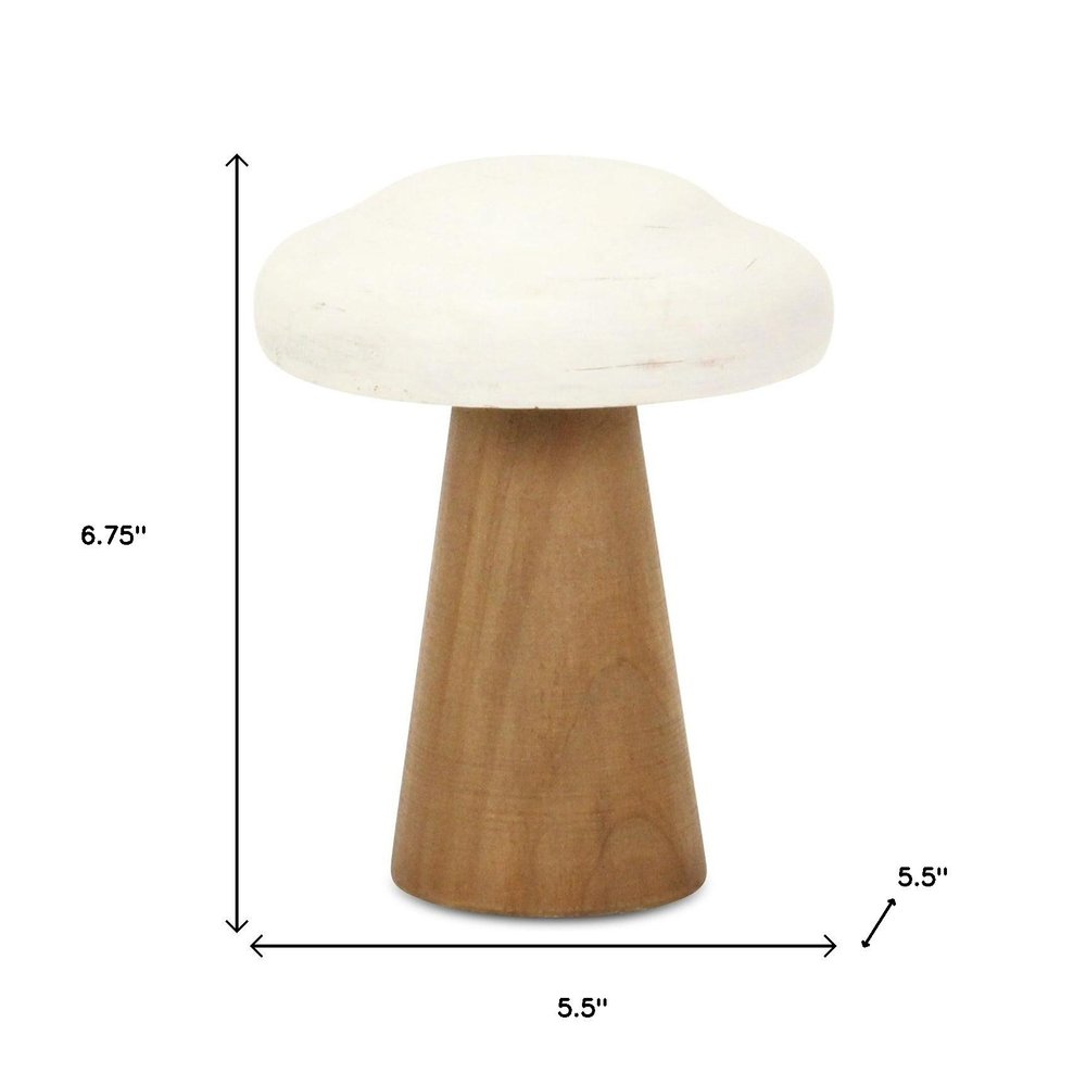 7" Brown And White Wood Hand Painted Mushroom Tabletop Sculpture